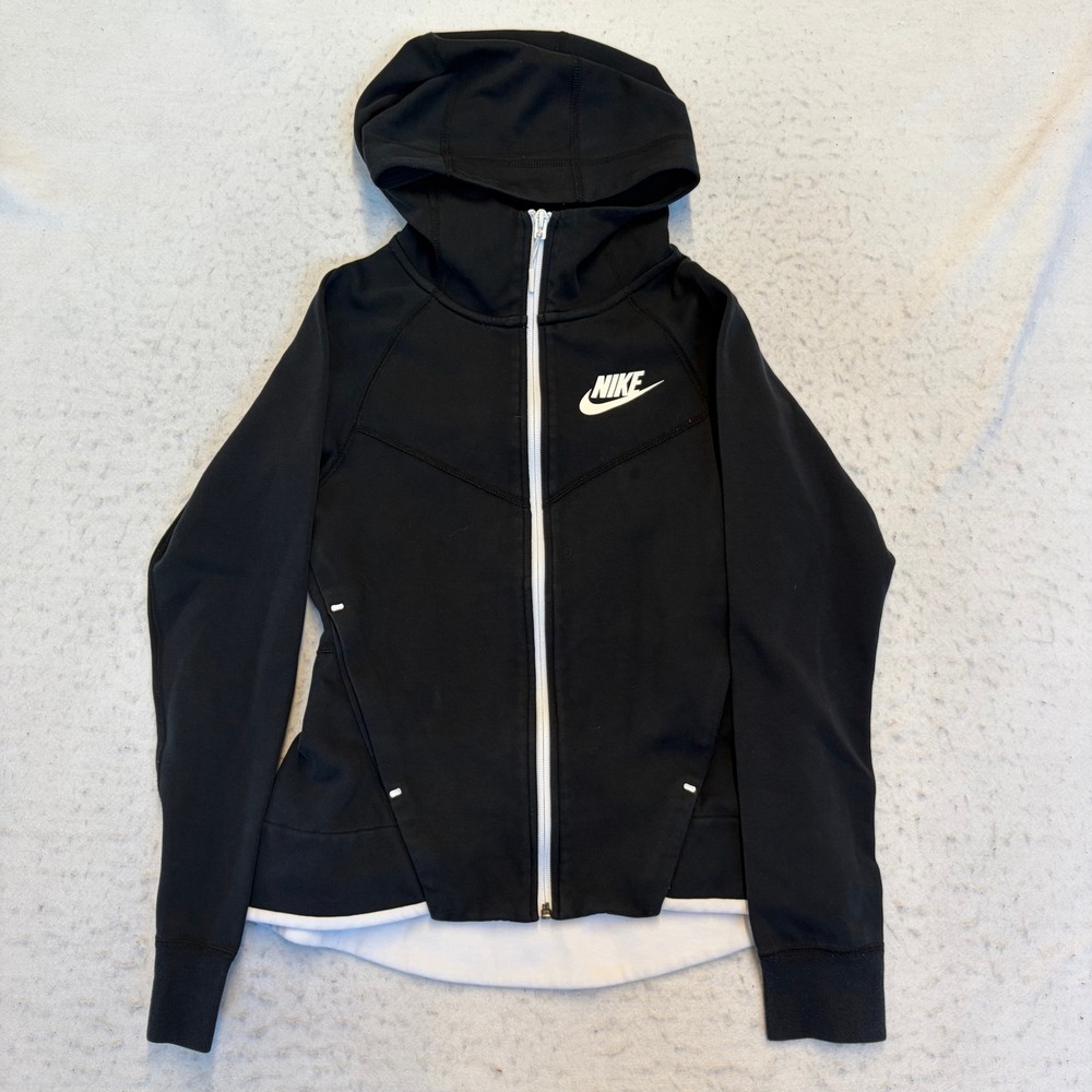 Nike Full Zip Hoodie Womens XS Black White Tech Fleece Scuba Neck